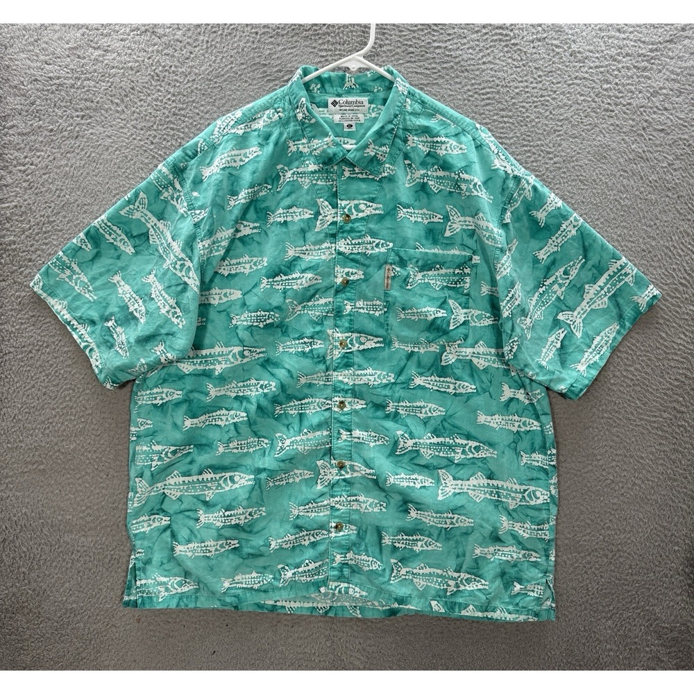 Vintage Columbia Shirt‎ Adult XL Aqua All Over Print Fish AOP Fisherman 90s Y2K
